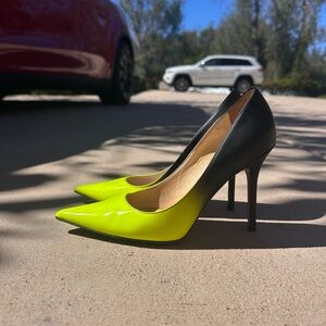 Jimmy Choo Neon Yellow and Black Pointed Toe Patent Stilettos